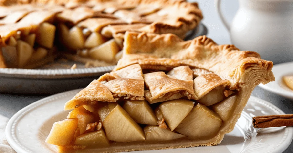 A slice of apple pie with puff pastry, showing golden crust and tender apple filling on a plate.