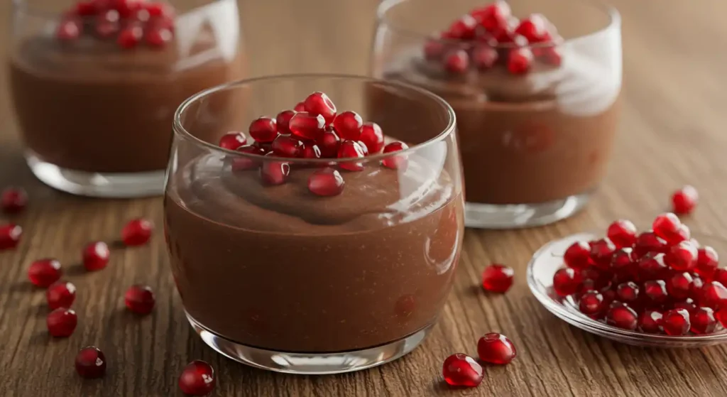 Smooth chocolate cottage cheese pudding in glass cups garnished with fresh pomegranate seeds, served on a wooden table