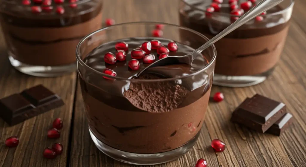 A glass of layered chocolate cottage cheese pudding topped with pomegranate seeds and chocolate pieces on a wooden surface