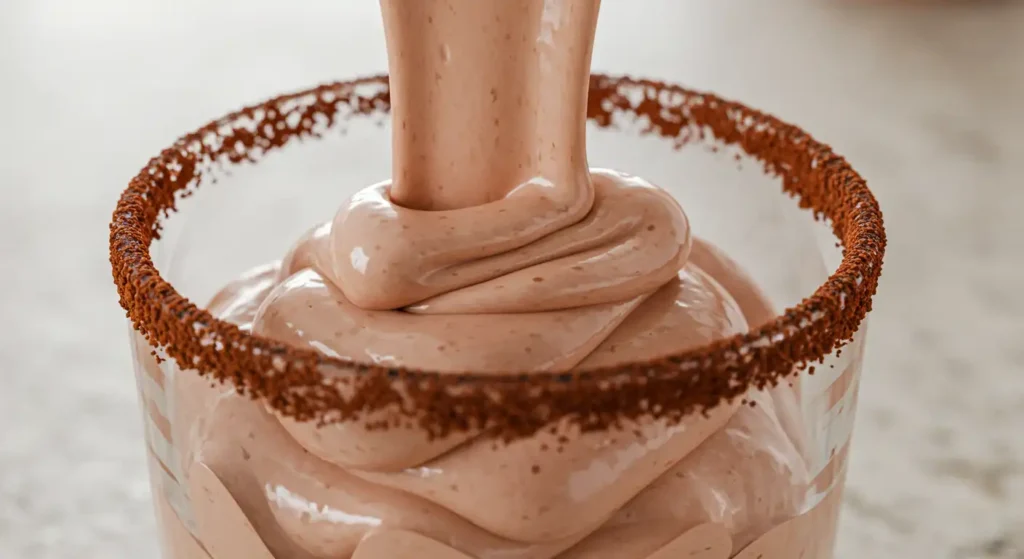 Creamy chocolate cottage cheese pudding with chocolate powder rim in a clear glass, showing swirled texture