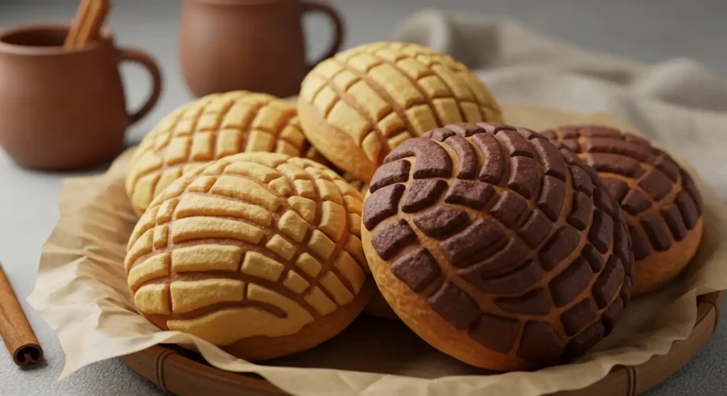 Fresh conchas (Mexican sweet bread) in vanilla and chocolate flavors showing their distinctive shell-like pattern, served on parchment paper with clay mugs and cinnamon stick in background