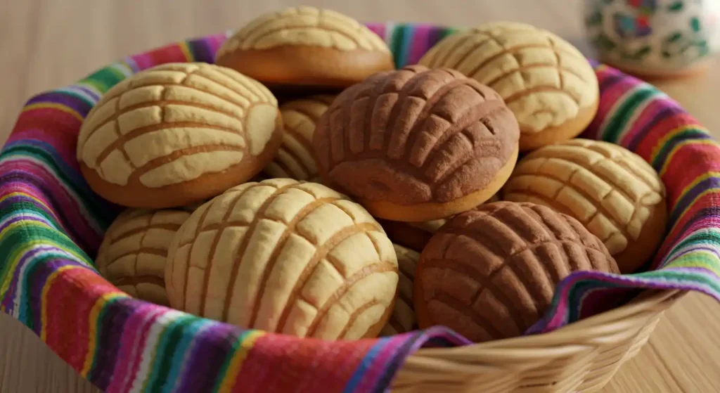 Fresh Mexican concha bread in vanilla and chocolate varieties arranged in a basket lined with colorful serape fabric, showing their distinctive shell-pattern tops