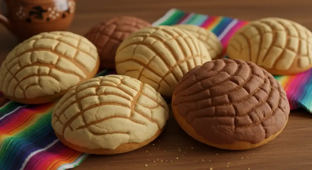 Mexican concha bread displayed on a colorful serape blanket, featuring traditional vanilla and chocolate conchas with their distinctive shell-pattern tops