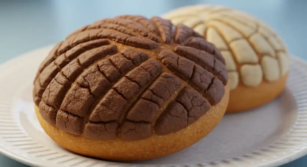 Close-up of chocolate and vanilla Mexican concha bread on a white plate, showing detailed shell-pattern scoring and rich textural contrast