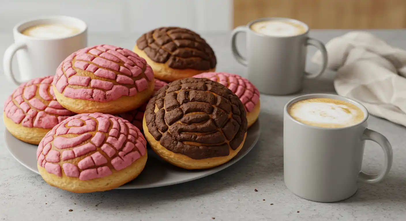 Pink and chocolate conchas (pan dulce) arranged on a white plate alongside three coffee cups, set against a light marble countertop