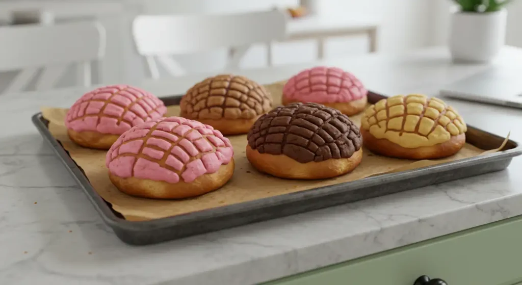 Fresh pan dulce conchas in pink, chocolate, and vanilla varieties arranged on a baking sheet with parchment paper in a bright modern kitchen