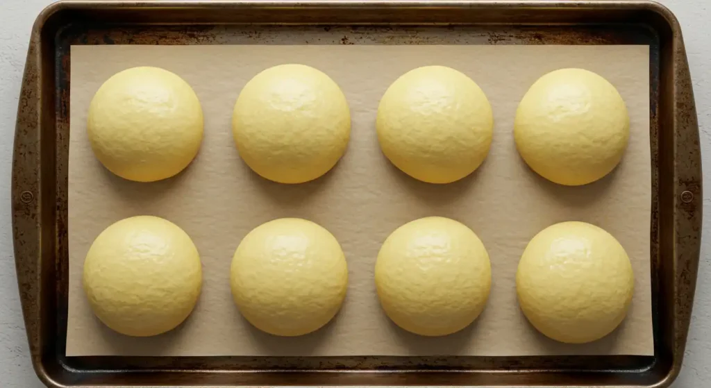 Eight smooth, round balls of raw pan dulce dough arranged in two rows on parchment paper atop a well-used baking sheet