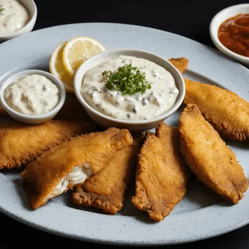 Southern fried fish fillets served on a gray plate with lemon wedges, tartar sauce, and cocktail sauce bowls.