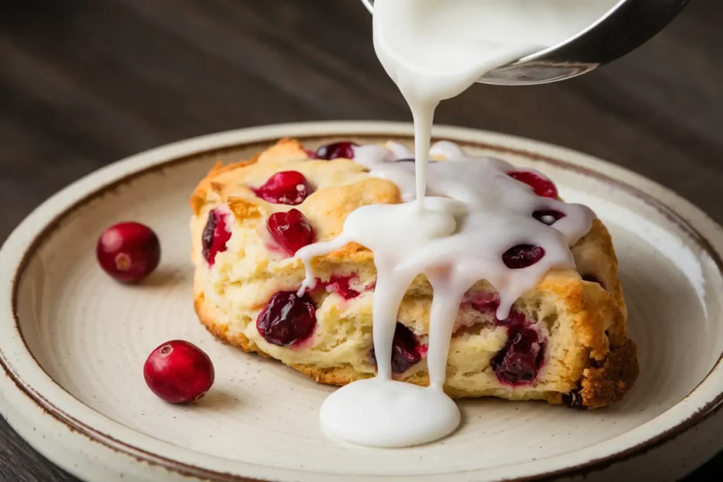 A freshly baked cranberry scone on a plate being drizzled with creamy icing, surrounded by a few fresh cranberries.