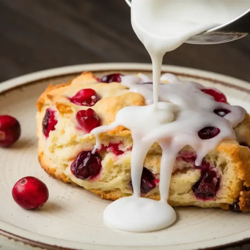 A freshly baked cranberry scone on a plate being drizzled with creamy icing, surrounded by a few fresh cranberries.