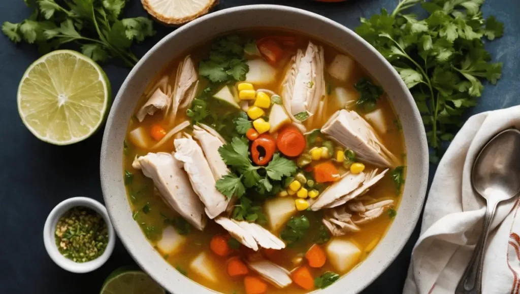 A bowl of Caldo de Pollo with shredded chicken, vegetables, and fresh cilantro, garnished with lime and served with a spoon on the side.