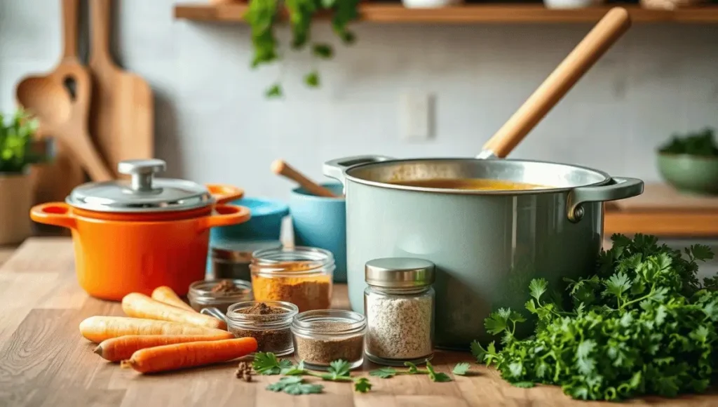 A pot of simmering Caldo de Pollo surrounded by fresh ingredients and spices on a wooden kitchen countertop.