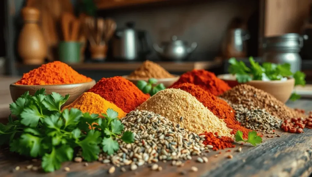 A vibrant assortment of spices and herbs, including cilantro and seasoning blends, on a rustic wooden surface.