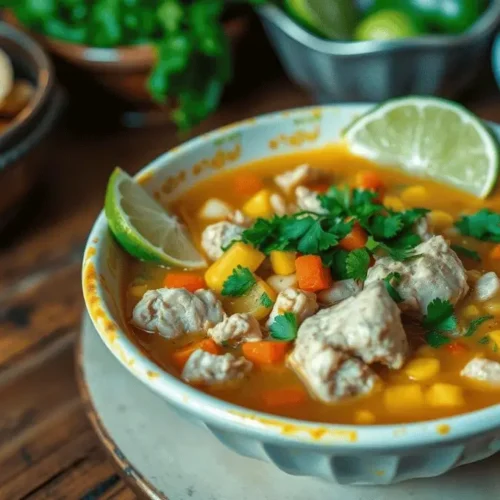 A vibrant bowl of Caldo de Pollo with chicken, vegetables, and cilantro, garnished with lime and served alongside tortillas.