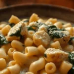 Creamy Chicken Florentine Mac with tender chicken, spinach, and macaroni pasta in a rich sauce.