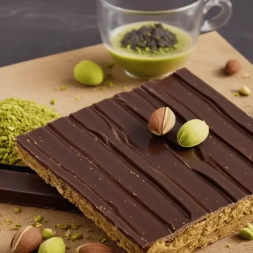 A luxurious Dubai pistachio chocolate bar topped with whole pistachios, served on a wooden board with a side of matcha tea.