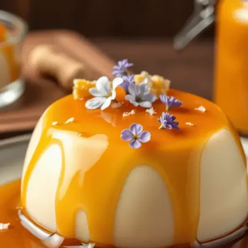 A creamy Italian panna cotta topped with a rich caramel sauce, garnished with edible flowers and crumbled nuts, served on a plate.