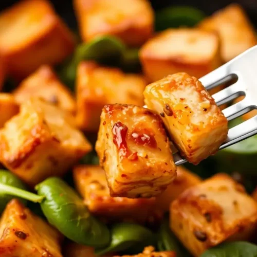 Crispy air-fried tempeh cubes with a glossy glaze, served over fresh spinach, with a fork lifting one piece.