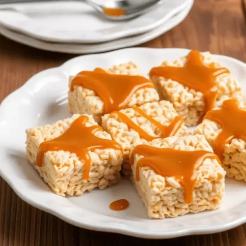 Squares of caramelized brown butter Rice Krispies treats drizzled with caramel sauce, served on a white plate.