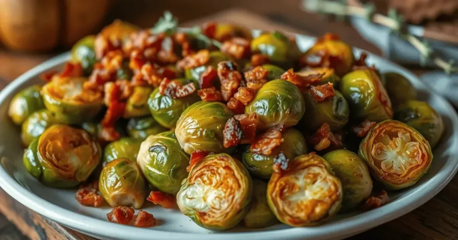 Crispy roasted Brussels sprouts topped with caramelized bacon bits served on a white plate.