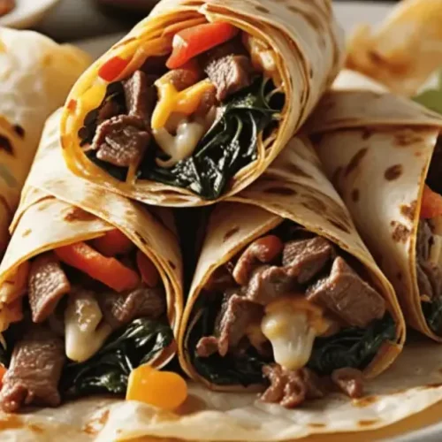 Soft tortilla wraps filled with seasoned beef, nacho cheese, sautéed spinach, and diced vegetables, stacked on a plate.