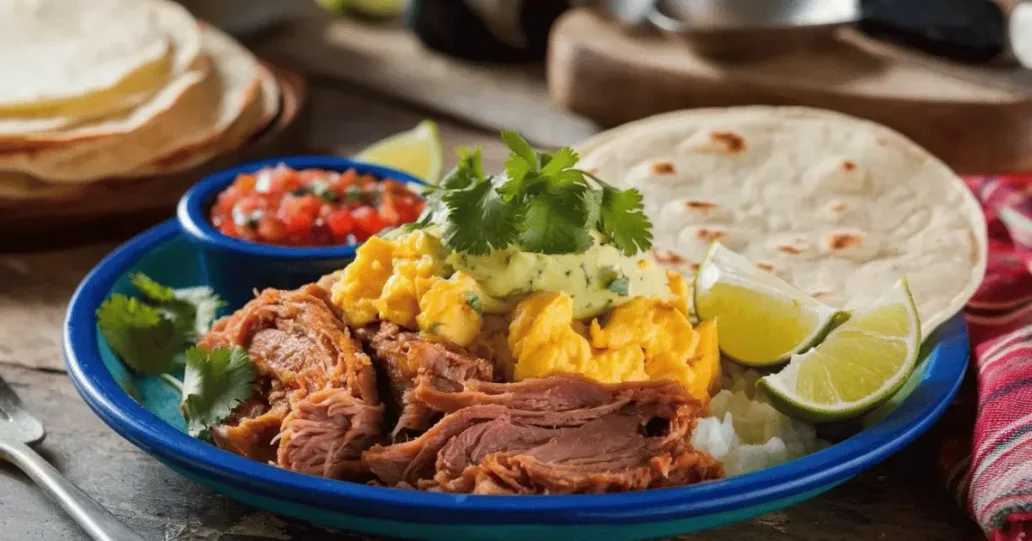 A vibrant plate of carnitas breakfast with shredded pork, scrambled eggs, cilantro lime sauce, fresh cilantro, lime wedges, and soft tortillas, accompanied by salsa.