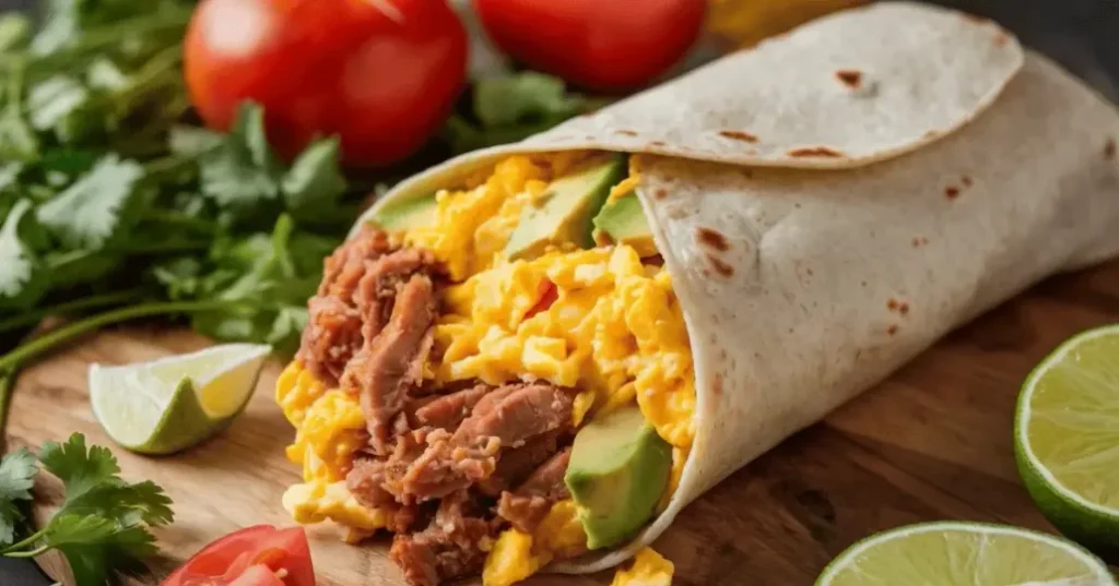 A breakfast burrito filled with tender carnitas, scrambled eggs, and avocado slices, served with fresh lime wedges, tomatoes, and cilantro.