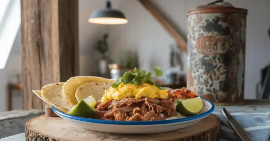 A plate of carnitas breakfast featuring shredded pork, scrambled eggs, fresh tortillas, lime wedges, and a side of salsa, served in a rustic kitchen setting.