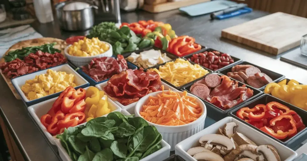 An assortment of fresh toppings for breakfast pizza, including scrambled eggs, cheeses, vegetables, sausages, bacon, and mushrooms, arranged in bowls on a countertop.