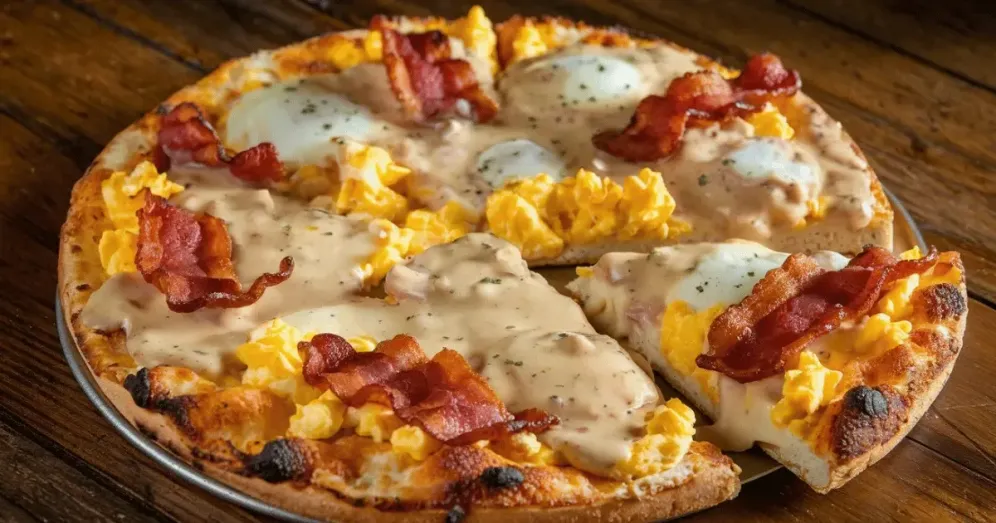 A breakfast pizza topped with scrambled eggs, crispy bacon, sausage gravy, and melted cheese, cut into slices.