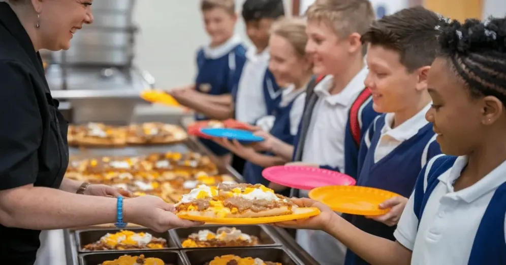 School cafeteria staff serving breakfast pizza to smiling students holding colorful plates in a cafeteria line.