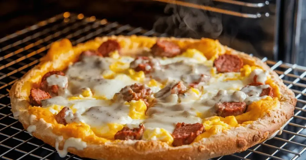 A freshly baked breakfast pizza with scrambled eggs, sausage, cheese, and gravy steaming on a wire oven rack.