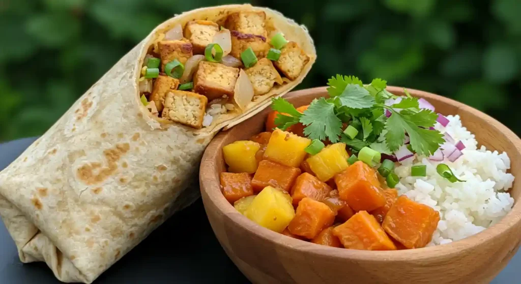 A tortilla wrap filled with fried tofu, sautéed vegetables, and a side of rice.