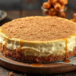 A rich and creamy Churro Cheesecake topped with cinnamon sugar and caramel drizzle, surrounded by churros on a wooden board.