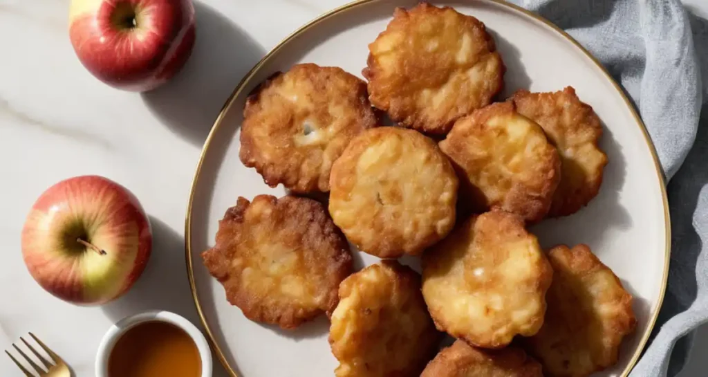 A plate of freshly fried apple fritters surrounded by whole apples, a small cup of syrup, and a gold fork on a marble surface.