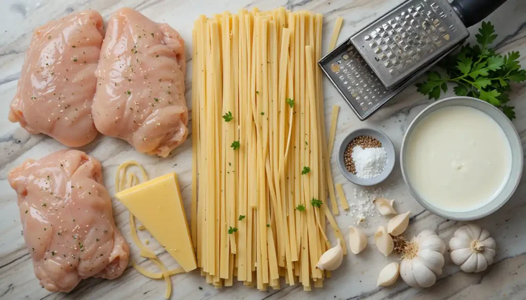 Raw ingredients for Justalittlebite Chicken Alfredo, including raw chicken breasts, uncooked fettuccine pasta, grated cheese, garlic, fresh parsley, cream, and seasoning, arranged on a marble countertop.