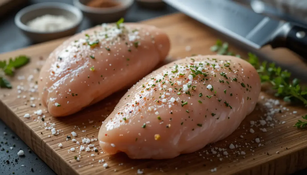 Seasoned raw chicken breasts sprinkled with salt, pepper, and fresh herbs on a wooden cutting board, surrounded by parsley and spices in small bowls.