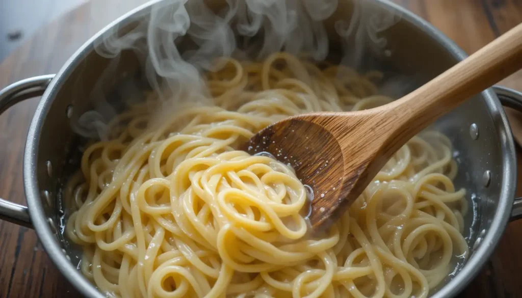 Steaming hot fettuccine pasta being stirred with a wooden spoon in a large pot of boiling water.