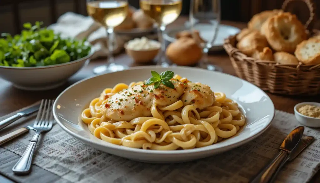 A plate of creamy chicken Alfredo pasta garnished with herbs, served on a dining table with a basket of bread, a bowl of fresh greens, and glasses of white wine in the background.