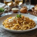 A plate of creamy chicken Alfredo pasta garnished with herbs, served on a dining table with a basket of bread, a bowl of fresh greens, and glasses of white wine in the background.