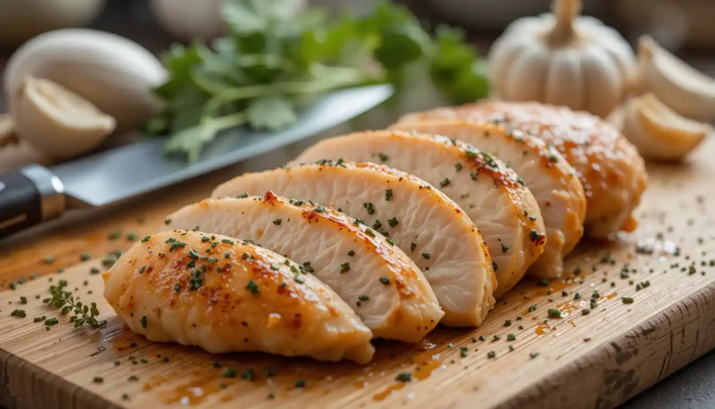 Sliced golden-brown chicken breast garnished with fresh herbs on a wooden cutting board, surrounded by garlic and parsley.