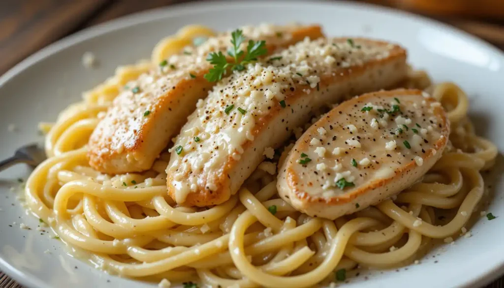 A plate of creamy Alfredo spaghetti topped with sliced golden chicken breasts, garnished with fresh parsley and grated Parmesan.