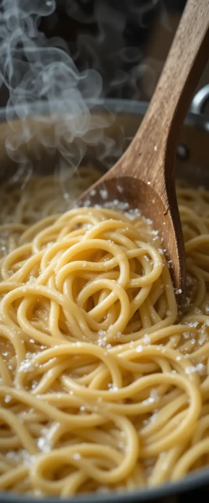 Steaming hot spaghetti being stirred in a pot with a wooden spoon, lightly sprinkled with salt.