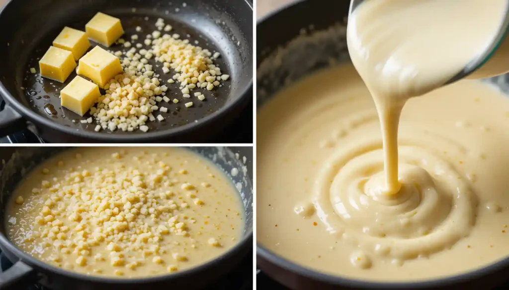 Step-by-step preparation of Alfredo sauce for Justalittlebite Chicken Alfredo, featuring butter melting, cheese being added, and the creamy sauce being poured.