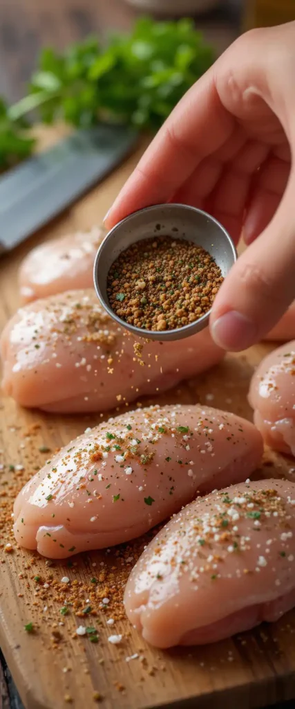 Seasoned raw chicken breasts on a wooden cutting board, with a hand sprinkling additional spices from a small dish.