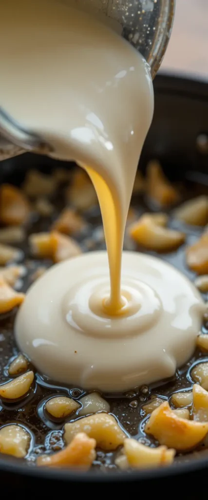 Creamy Alfredo sauce being poured into a skillet with sautéed garlic for preparing Justalittlebite Chicken Alfredo.