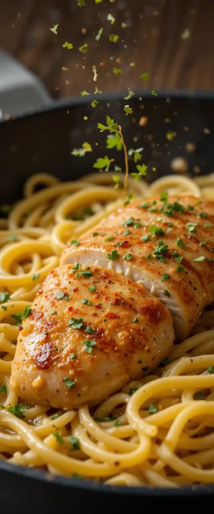 A close-up of a golden seared chicken breast served over fettuccine pasta, garnished with fresh parsley and red pepper flakes.