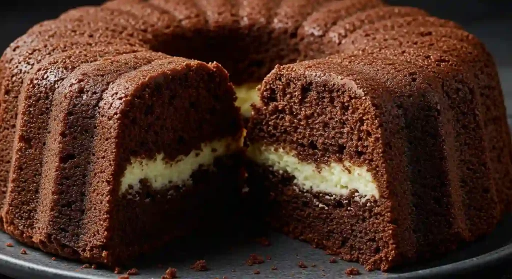 A Chocolate and Vanilla Kefir Cake with a creamy vanilla layer in the center, sliced to reveal its rich texture.