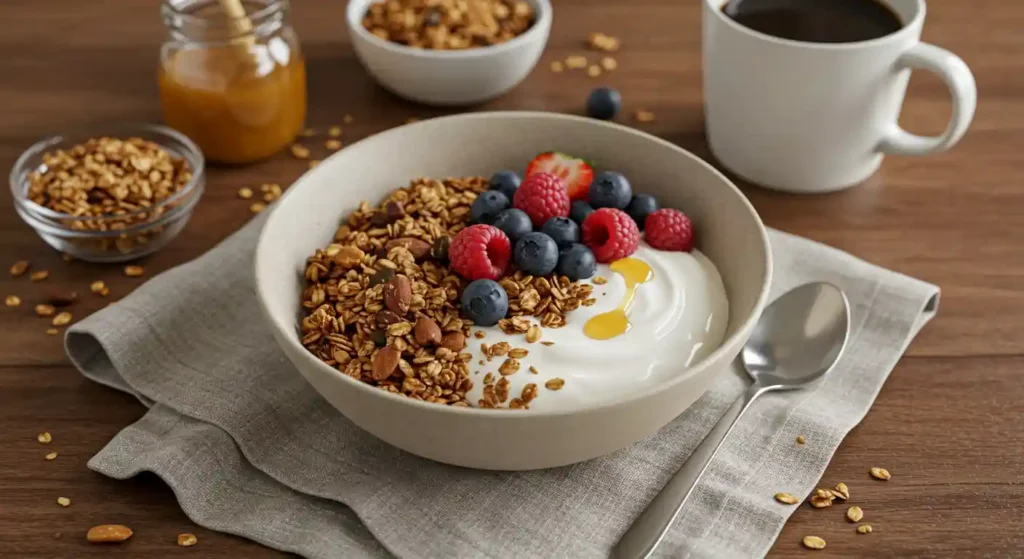 A bowl of vanilla nut granola with yogurt, fresh berries, and a drizzle of honey, served on a wooden table with a cup of coffee and a jar of honey in the background.