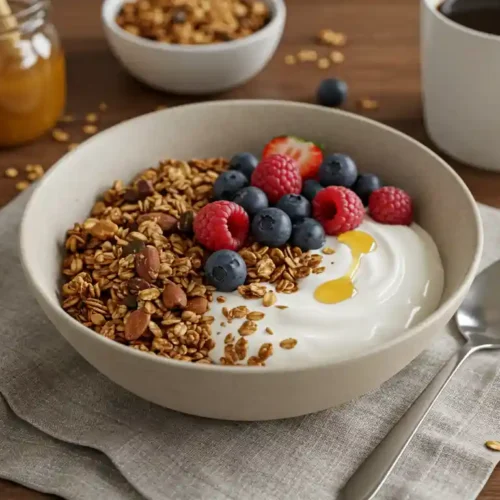 A bowl of vanilla nut granola with yogurt, fresh berries, and a drizzle of honey, served on a wooden table with a cup of coffee and a jar of honey in the background.